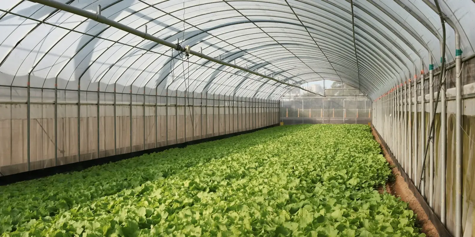 Interior de un invernadero de túnel con cultivo de hoja y tuberías de riego en el techo