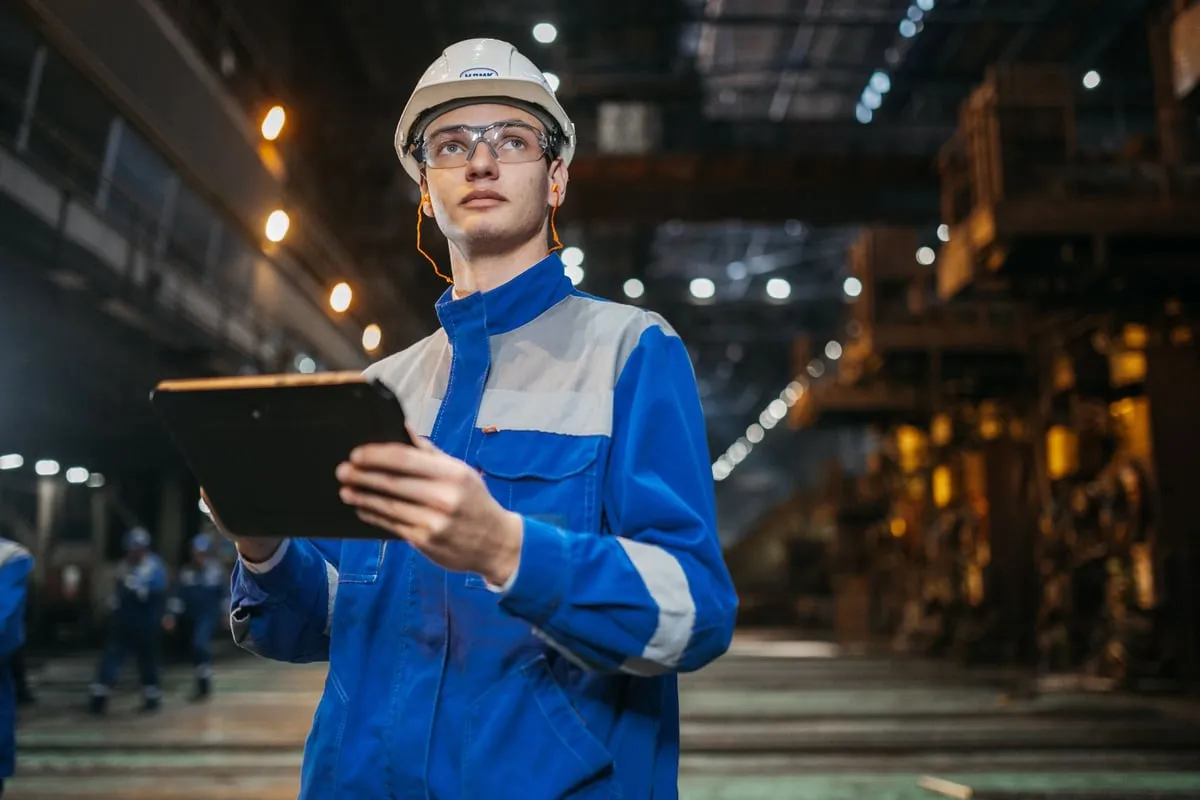 Técnico con casco y tableta en una nave industrial